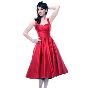 Unique Vintage Red Satin Pleated Swing Dress